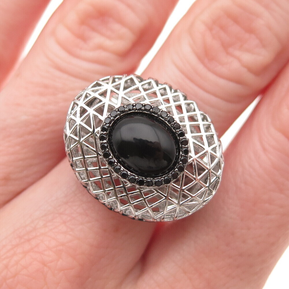 925 Sterling Silver Real Black Onyx & Spinel Dome Ring Size 7.25